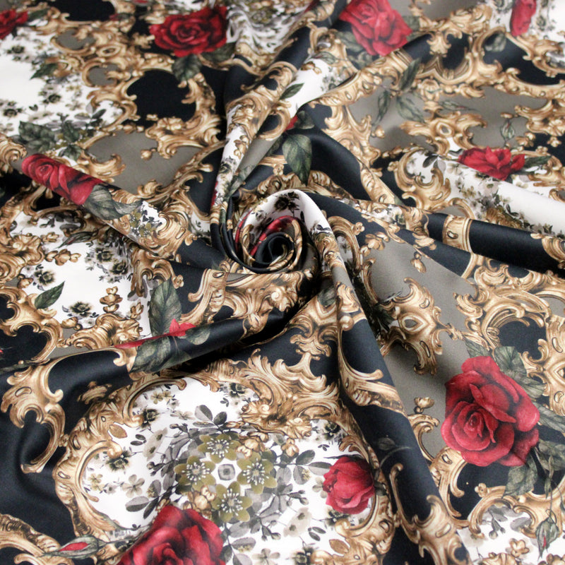 Tissu popeline de coton au motif baroque noir, roses rouges et arabesques dorées