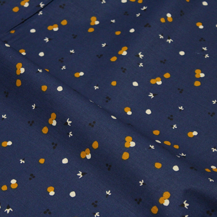Tissu de coton bleu roi aux tâches jaune moutarde et blanches - OEKO-TEX