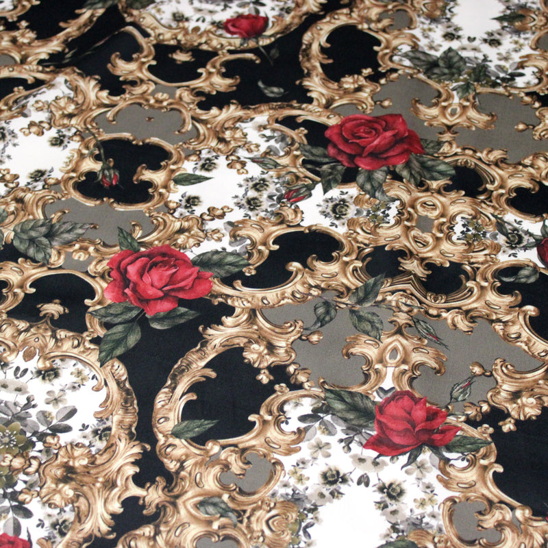 Tissu popeline de coton au motif baroque noir, roses rouges et arabesques dorées