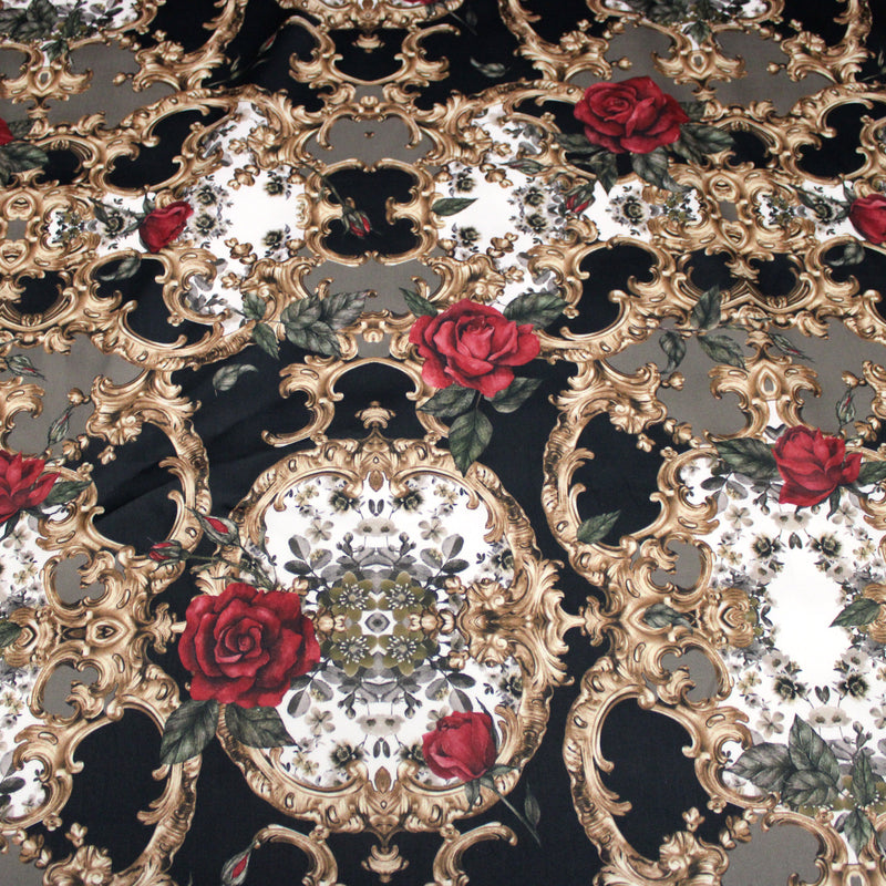 Tissu popeline de coton au motif baroque noir, roses rouges et arabesques dorées