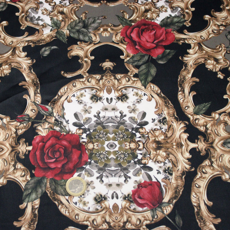 Tissu popeline de coton au motif baroque noir, roses rouges et arabesques dorées