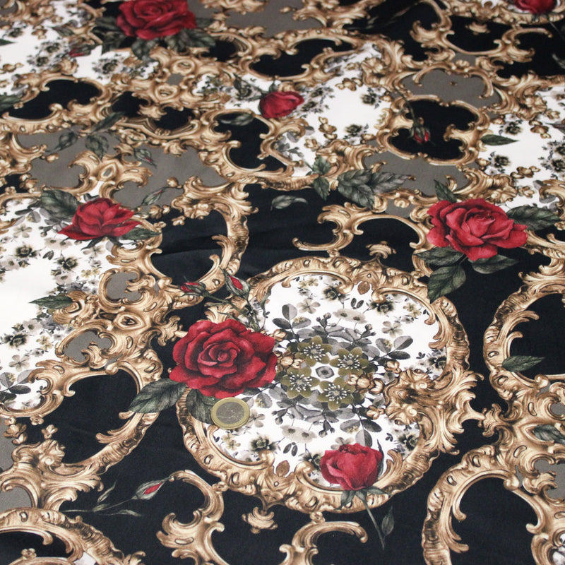 Tissu popeline de coton au motif baroque noir, roses rouges et arabesques dorées