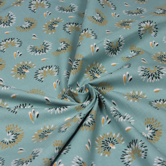 Tissu de coton aux fleurs de pissenlit, fond bleu vert - OEKO-TEX