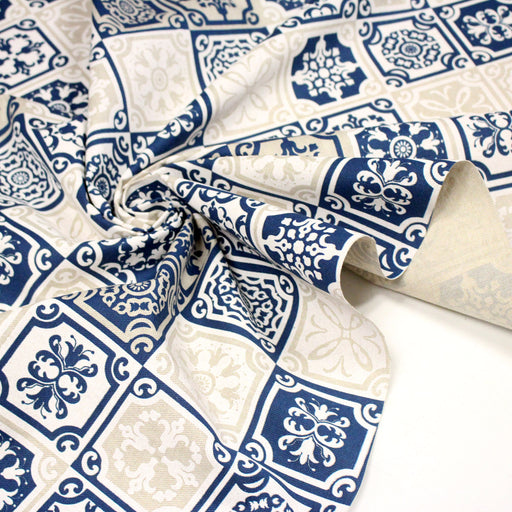 Tissu coton façon lin Carreaux de faïence bleus & blancs Azulejos - TissusPapi.com