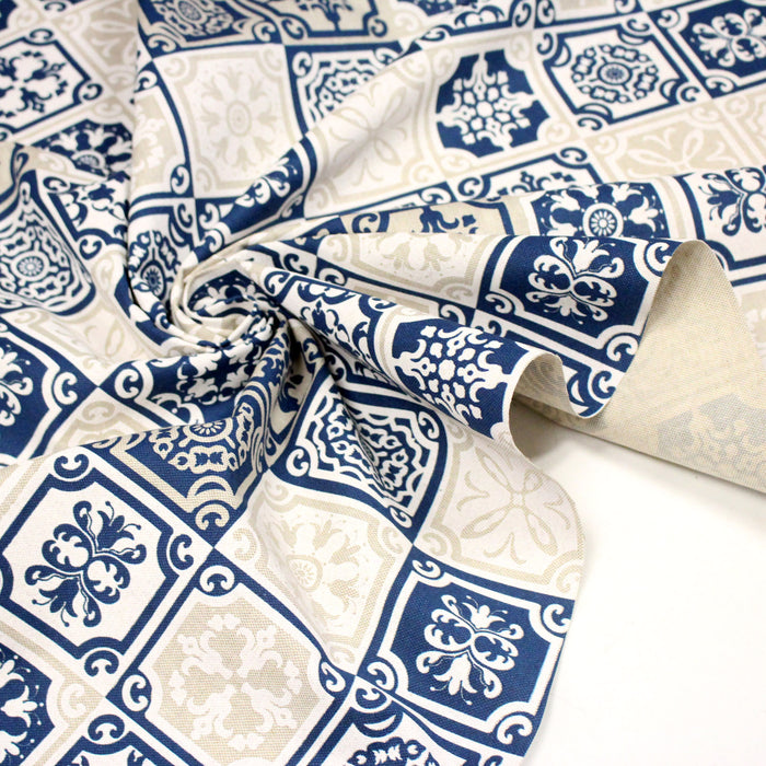 Tissu coton façon lin Carreaux de faïence bleus & blancs Azulejos - TissusPapi.com