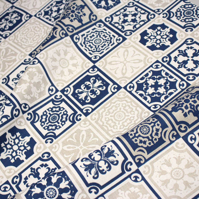 Tissu coton façon lin Carreaux de faïence bleus & blancs Azulejos - TissusPapi.com