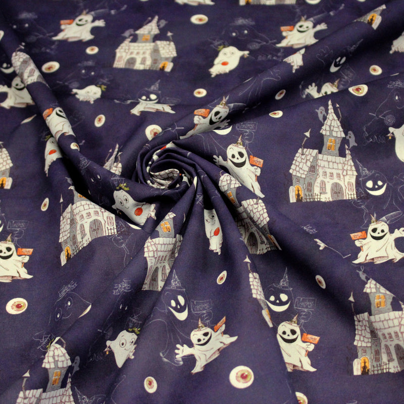 Tissu cotonnade HALLOWEEN, violet aux fantomes et manoirs hantés - OEKO - TEX STANDARD 100 - TissusPapi.com