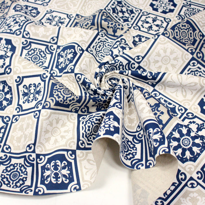 Tissu coton façon lin Carreaux de faïence bleus & blancs Azulejos - TissusPapi.com