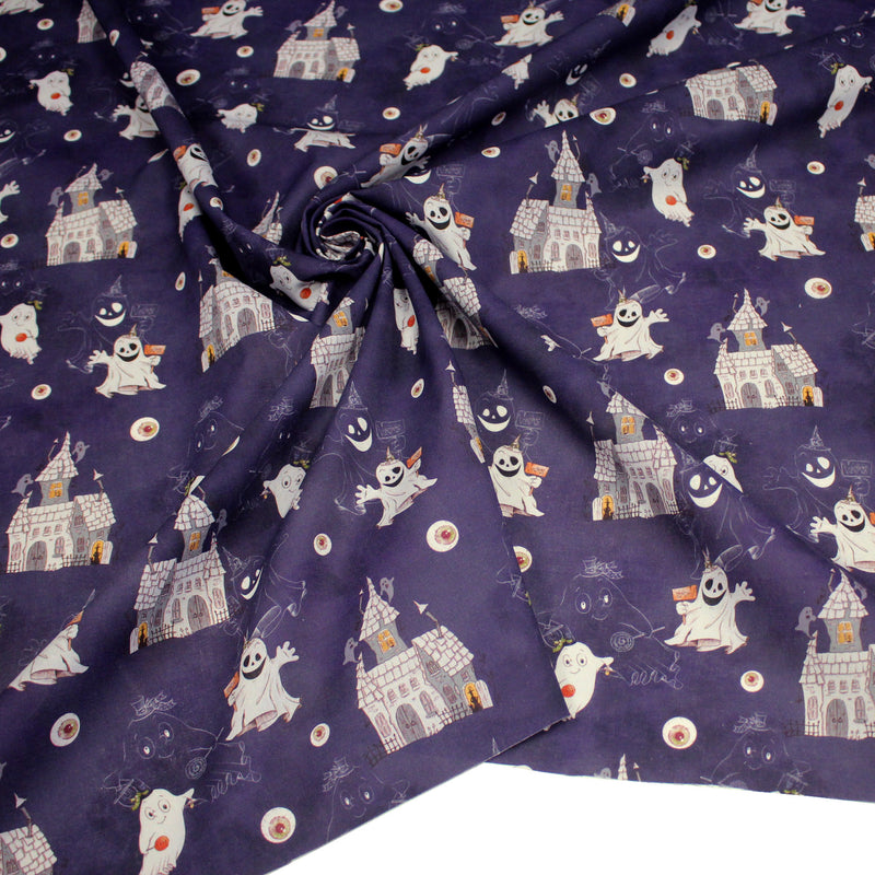 Tissu cotonnade HALLOWEEN, violet aux fantomes et manoirs hantés - OEKO - TEX STANDARD 100 - TissusPapi.com