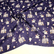 Tissu cotonnade HALLOWEEN, violet aux fantomes et manoirs hantés - OEKO - TEX STANDARD 100 - TissusPapi.com