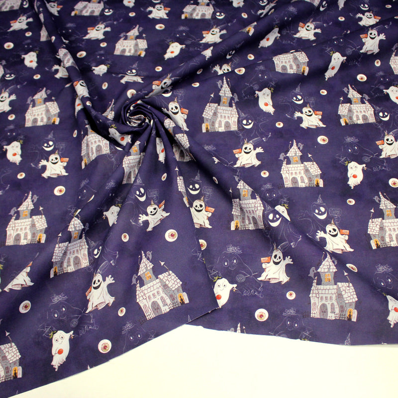 Tissu cotonnade HALLOWEEN, violet aux fantomes et manoirs hantés - OEKO - TEX STANDARD 100 - TissusPapi.com