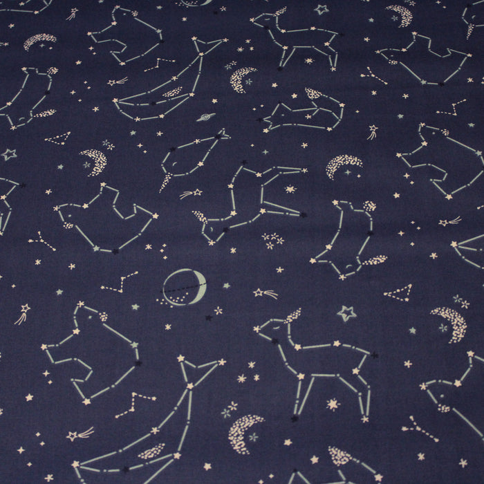 Tissu de coton bleu, constellation, animaux & étoiles - OEKO-TEX