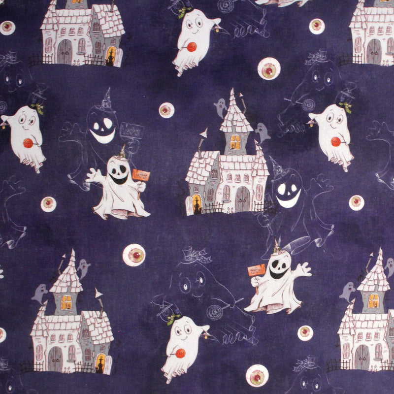 Tissu cotonnade HALLOWEEN, violet aux fantomes et manoirs hantés - OEKO - TEX STANDARD 100 - TissusPapi.com