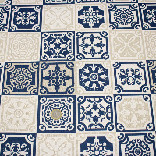 Tissu coton façon lin Carreaux de faïence bleus & blancs Azulejos - TissusPapi.com