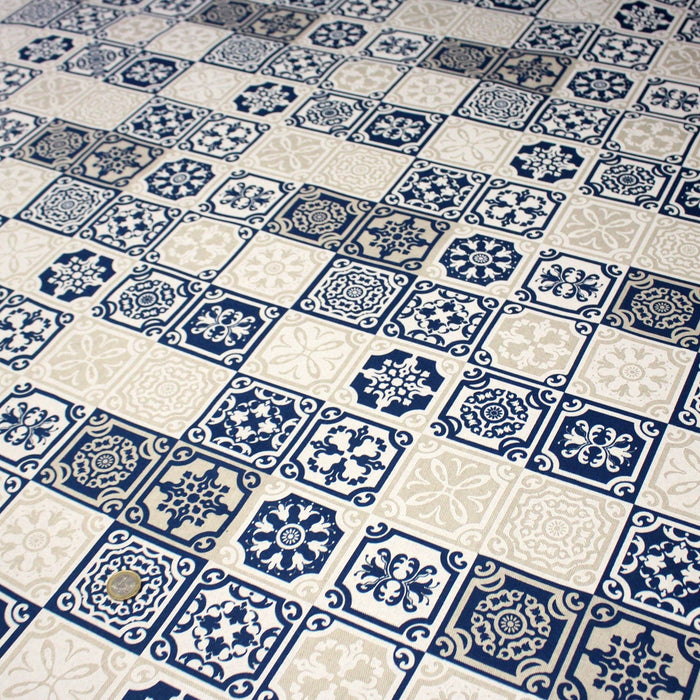 Tissu coton façon lin Carreaux de faïence bleus & blancs Azulejos - TissusPapi.com