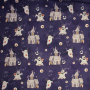 Tissu cotonnade HALLOWEEN, violet aux fantomes et manoirs hantés - OEKO - TEX STANDARD 100 - TissusPapi.com