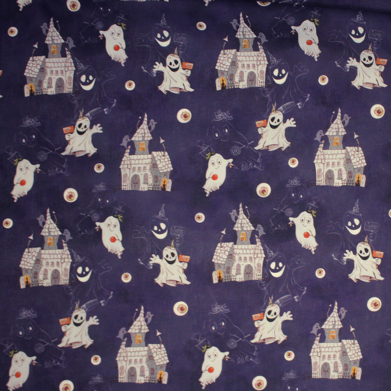 Tissu cotonnade HALLOWEEN, violet aux fantomes et manoirs hantés - OEKO - TEX STANDARD 100 - TissusPapi.com