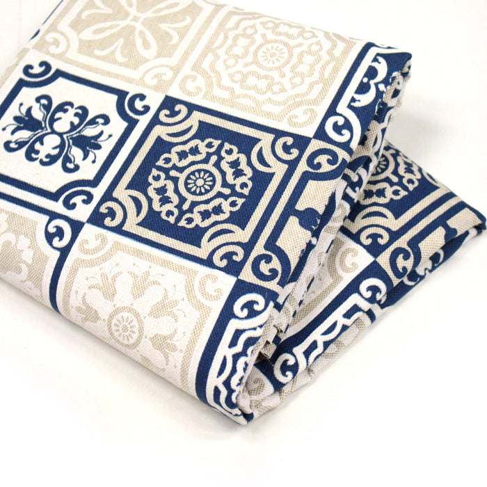 Tissu coton façon lin Carreaux de faïence bleus & blancs Azulejos - TissusPapi.com