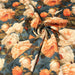 Tissu gabardine coton imprimée floral aux roses oranges et corail, fond bleu canard faux - uni - TissusPapi.com