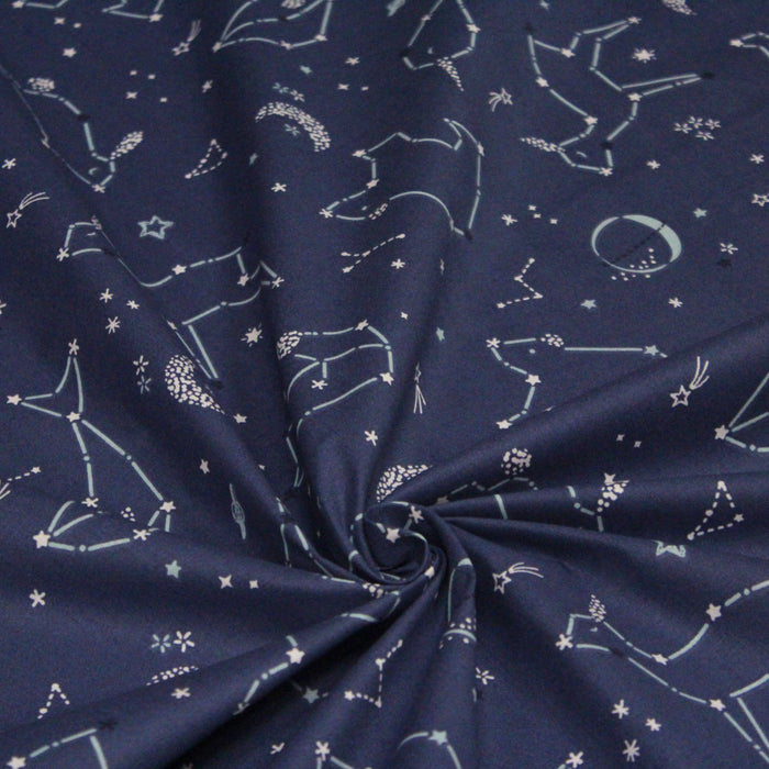 Tissu de coton bleu, constellation, animaux & étoiles - OEKO-TEX