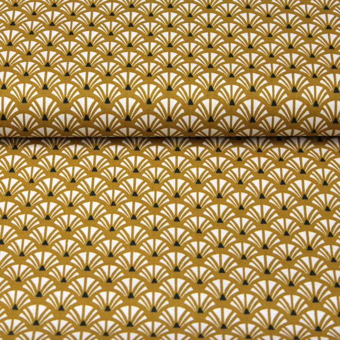 Tissu de coton motif ART DÉCO jaune moutarde aux éventails blancs - OEKO-TEX