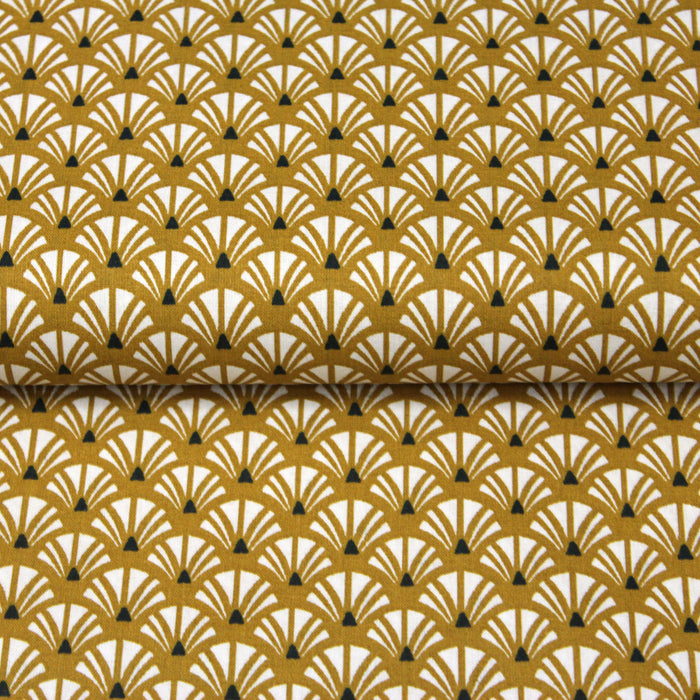 Tissu de coton motif ART DÉCO jaune moutarde aux éventails blancs - OEKO-TEX