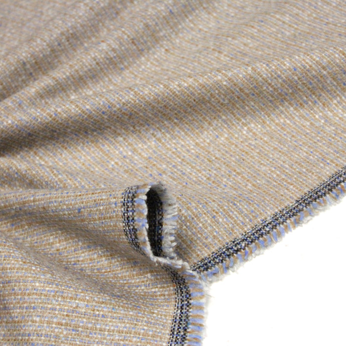 Tissu lainage tweed faux-uni caramel & bleu ciel - Fabrication italienne