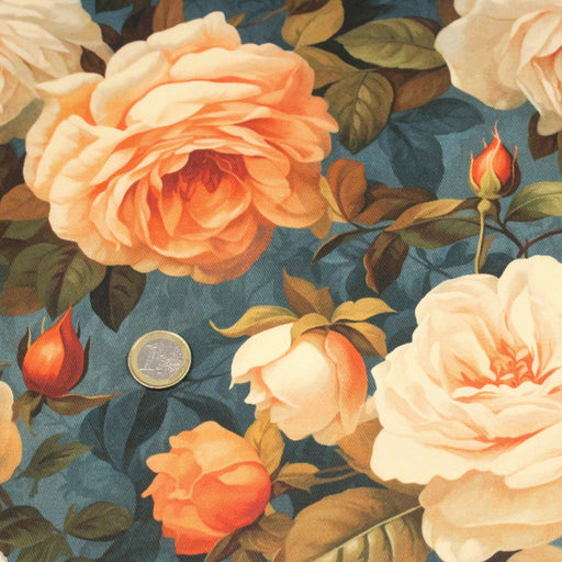 Tissu gabardine coton imprimée floral aux roses oranges et corail, fond bleu canard faux - uni - TissusPapi.com