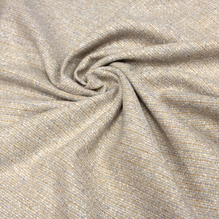 Tissu lainage tweed faux-uni caramel & bleu ciel - Fabrication italienne