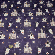 Tissu cotonnade HALLOWEEN, violet aux fantomes et manoirs hantés - OEKO - TEX STANDARD 100 - TissusPapi.com