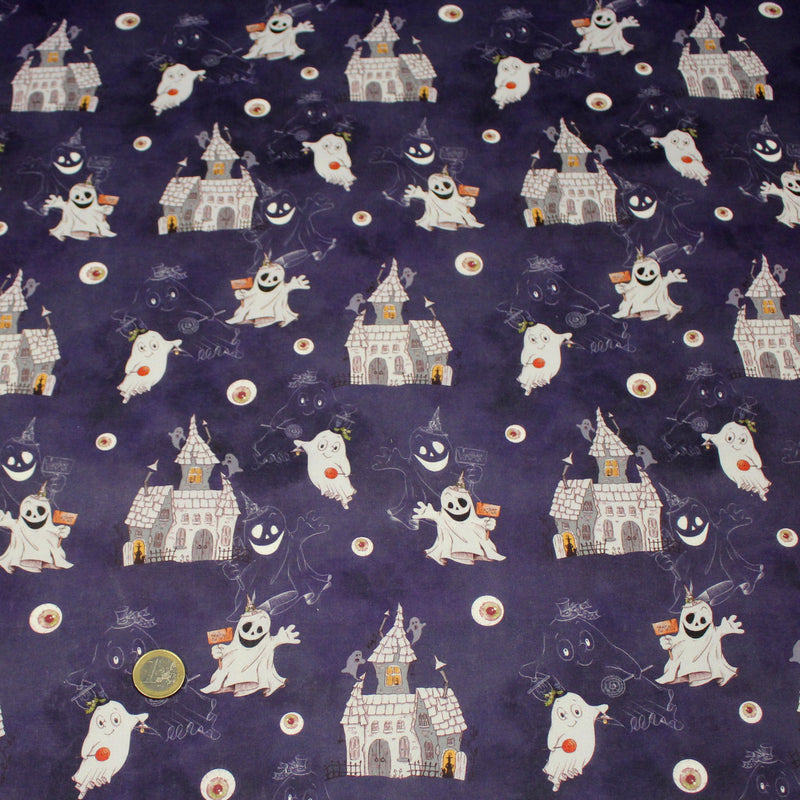 Tissu cotonnade HALLOWEEN, violet aux fantomes et manoirs hantés - OEKO - TEX STANDARD 100 - TissusPapi.com
