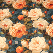 Tissu gabardine coton imprimée floral aux roses oranges et corail, fond bleu canard faux - uni - TissusPapi.com