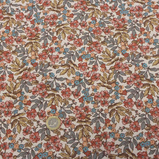 Tissu Popeline de coton fleuris aux tons écrus, roses et bleus - Collection FLORENCE - tissuspapi