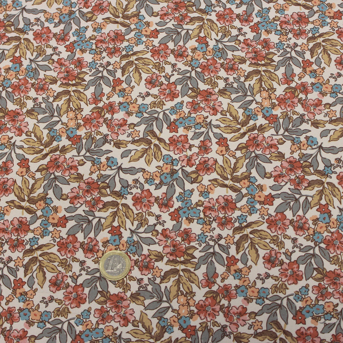Tissu Popeline de coton fleuris aux tons écrus, roses et bleus - Collection FLORENCE - tissuspapi
