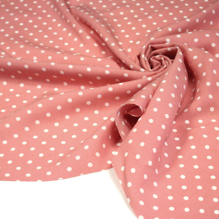 Tissu popeline de viscose rose aux pois blancs - Fabrication française - OEKO-TEX