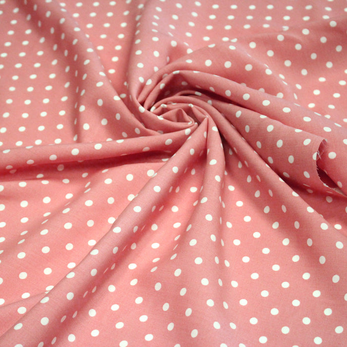 Tissu popeline de viscose rose aux pois blancs - Fabrication française - OEKO-TEX