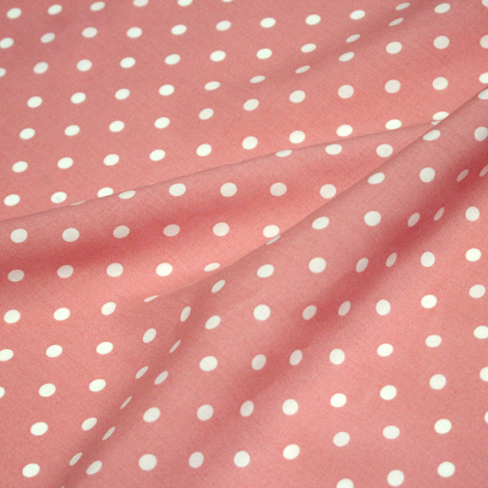 Tissu popeline de viscose rose aux pois blancs - Fabrication française - OEKO-TEX