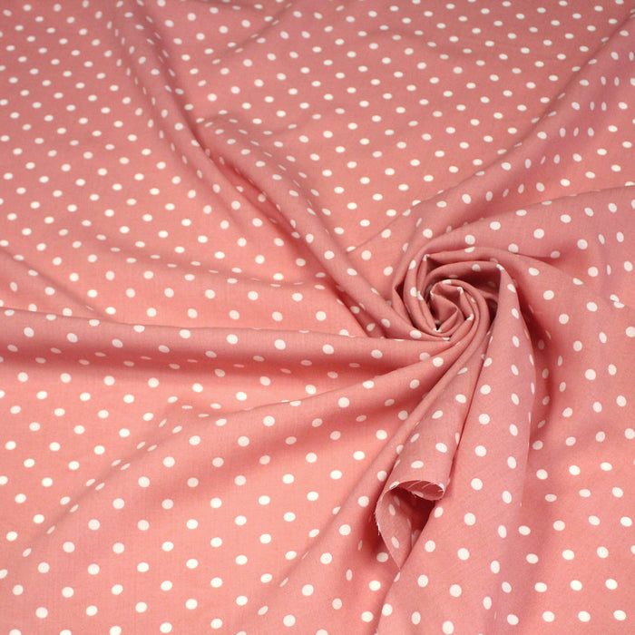 Tissu popeline de viscose rose aux pois blancs - Fabrication française - OEKO-TEX