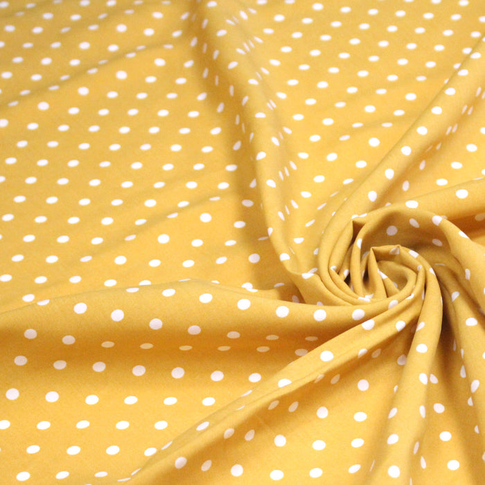 Tissu popeline de viscose jaune moutarde aux pois blancs - Fabrication française - OEKO-TEX