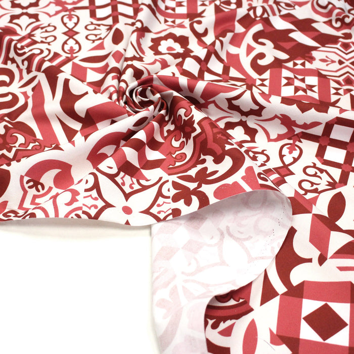 Tissu gabardine coton imprimée motif carreaux de faïence azulejos modernes, trois couleurs dispos - STANDARD 100 OEKO - TEX - TissusPapi.com