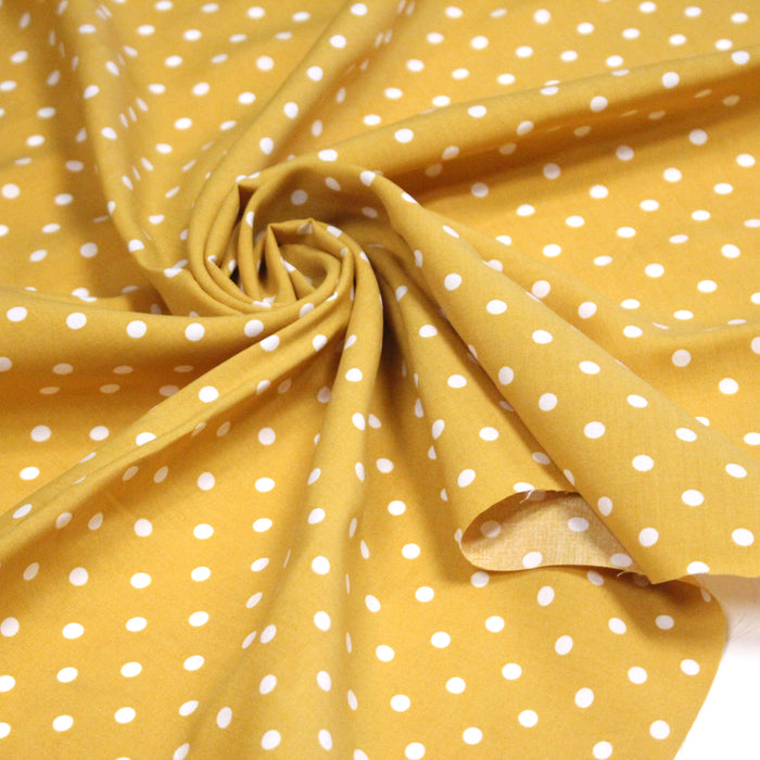 Tissu popeline de viscose jaune moutarde aux pois blancs - Fabrication française - OEKO-TEX