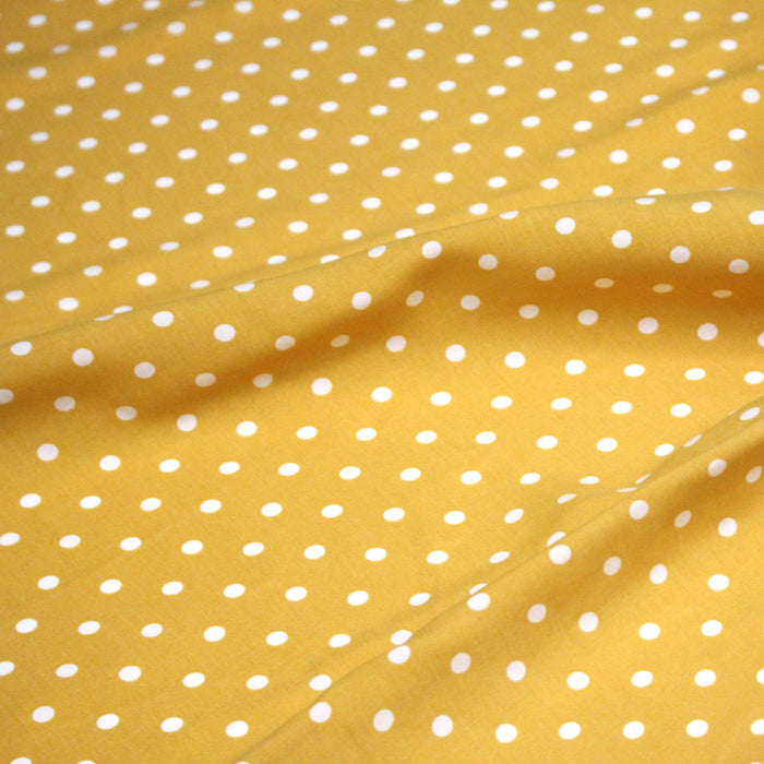 Tissu popeline de viscose jaune moutarde aux pois blancs - Fabrication française - OEKO-TEX