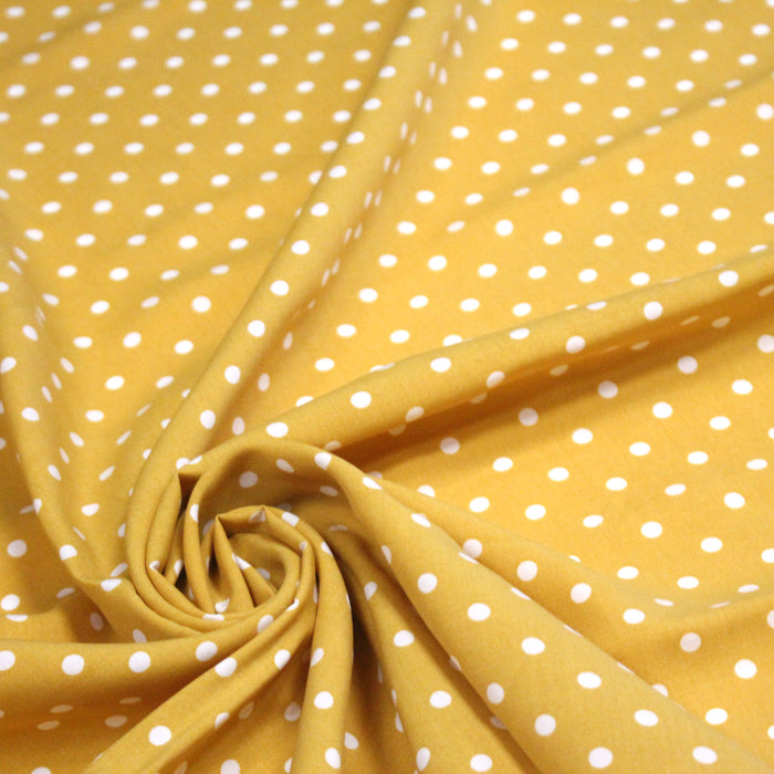 Tissu popeline de viscose jaune moutarde aux pois blancs - Fabrication française - OEKO-TEX