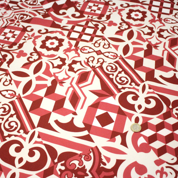 Tissu gabardine coton imprimée motif carreaux de faïence azulejos modernes, trois couleurs dispos - STANDARD 100 OEKO - TEX - TissusPapi.com