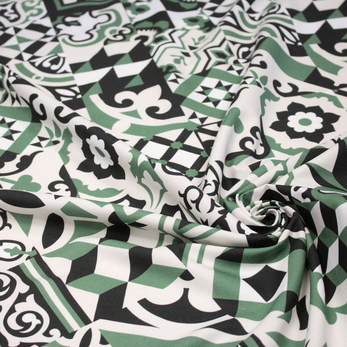 Tissu gabardine coton imprimée motif carreaux de faïence azulejos modernes, trois couleurs dispos - STANDARD 100 OEKO - TEX - TissusPapi.com