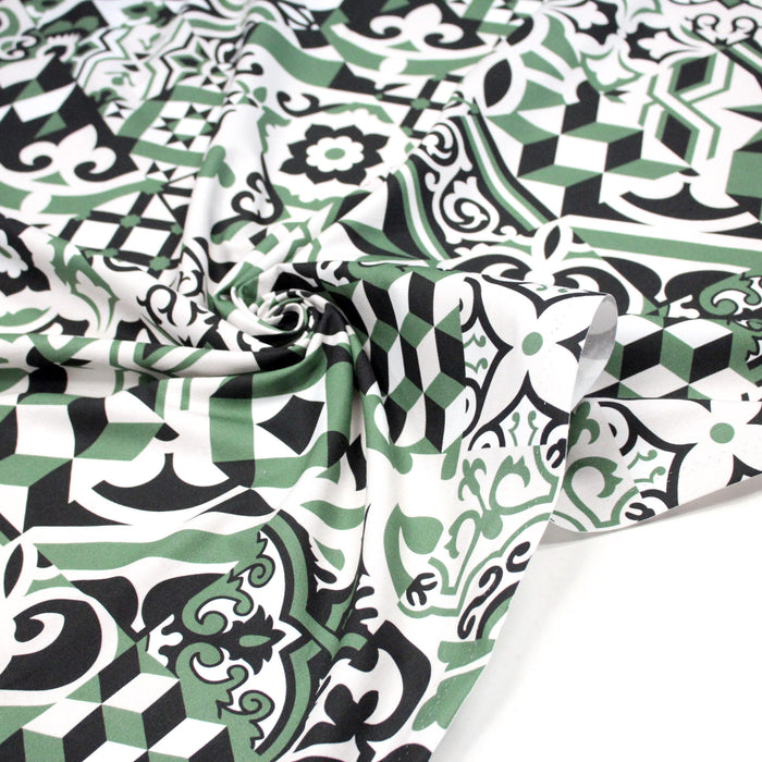 Tissu gabardine coton imprimée motif carreaux de faïence azulejos modernes, trois couleurs dispos - STANDARD 100 OEKO - TEX - TissusPapi.com