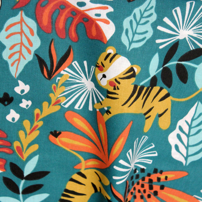 Tissu de coton enfant tropical aux tigres & toucans, fond vert canard - OEKO-TEX