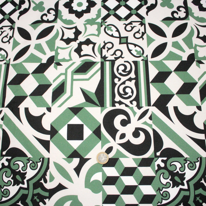 Tissu gabardine coton imprimée motif carreaux de faïence azulejos modernes, trois couleurs dispos - STANDARD 100 OEKO - TEX - TissusPapi.com