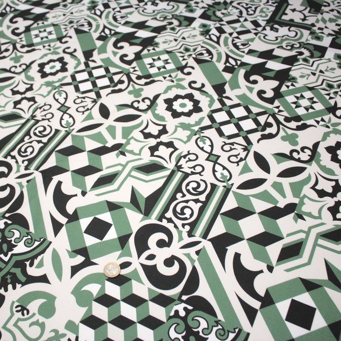 Tissu gabardine coton imprimée motif carreaux de faïence azulejos modernes, trois couleurs dispos - STANDARD 100 OEKO - TEX - TissusPapi.com