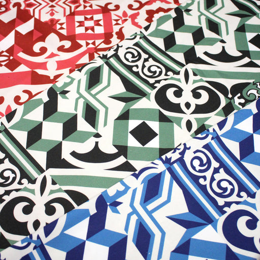 Tissu gabardine coton imprimée motif carreaux de faïence azulejos modernes, trois couleurs dispos - STANDARD 100 OEKO - TEX - TissusPapi.com